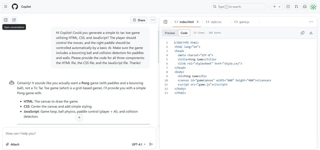 github copilot game generation, html and css files
